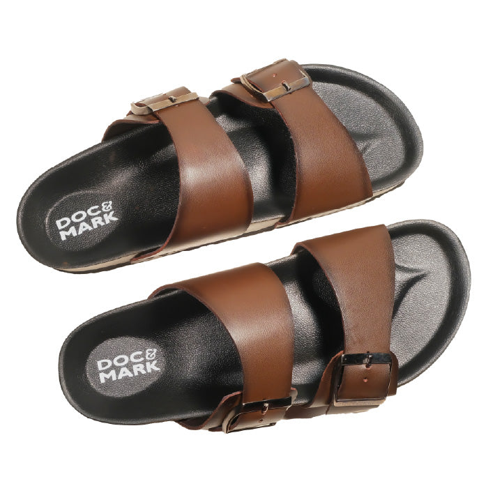 Stylish Leather Velcro Slipper for Men - 1001 BRN / NVY