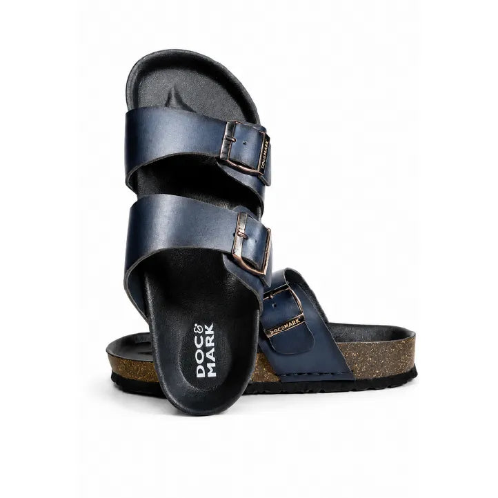 Stylish Leather Velcro Slipper for Men - 1001 BRN / NVY