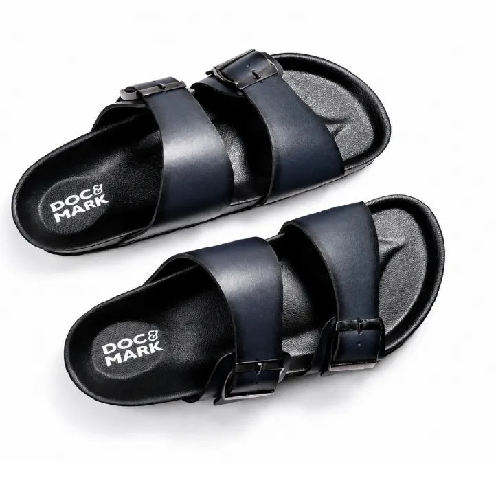 Stylish Leather Velcro Slipper for Men - 1001 BRN / NVY