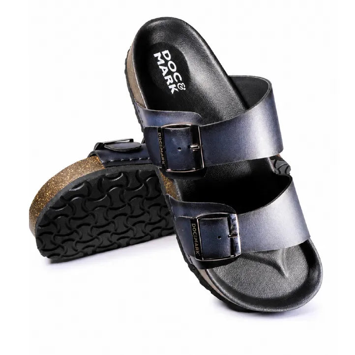 Stylish Leather Velcro Slipper for Men - 1001 BRN / NVY
