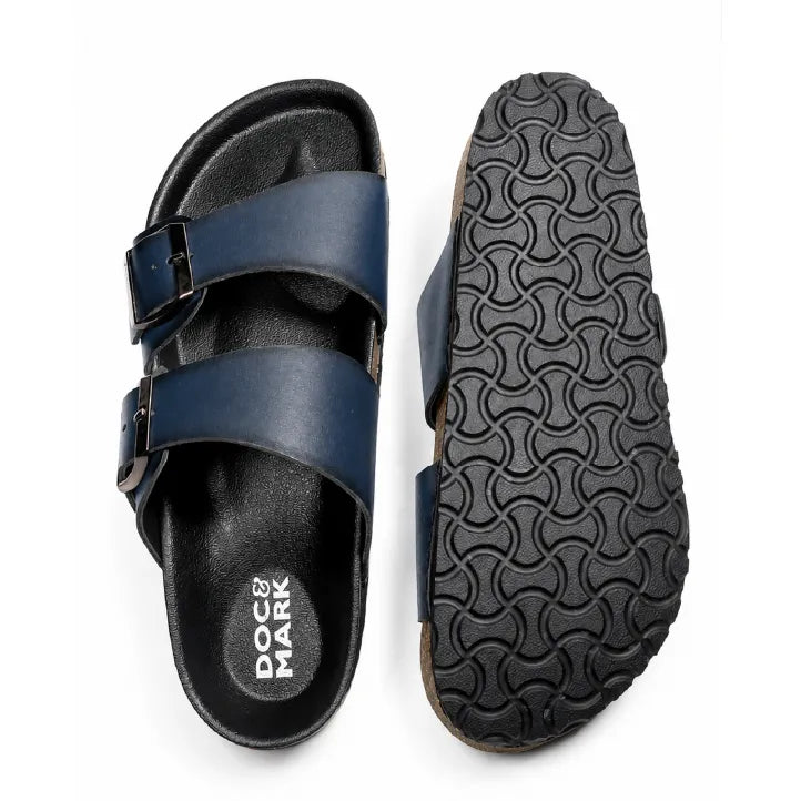 Stylish Leather Velcro Slipper for Men - 1001 BRN / NVY