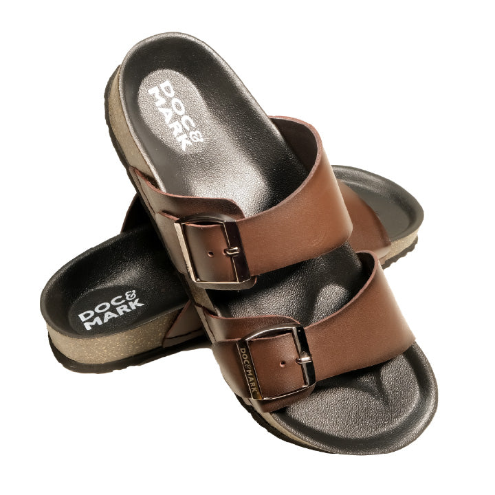 Stylish Leather Velcro Slipper for Men - 1001 BRN / NVY